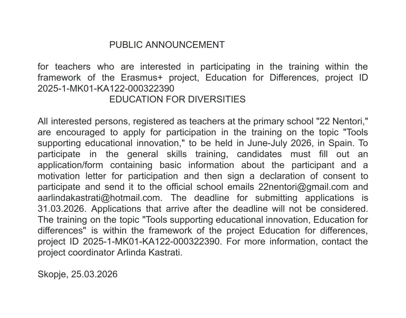 Public announcement Erasmus+ 25 03 2026