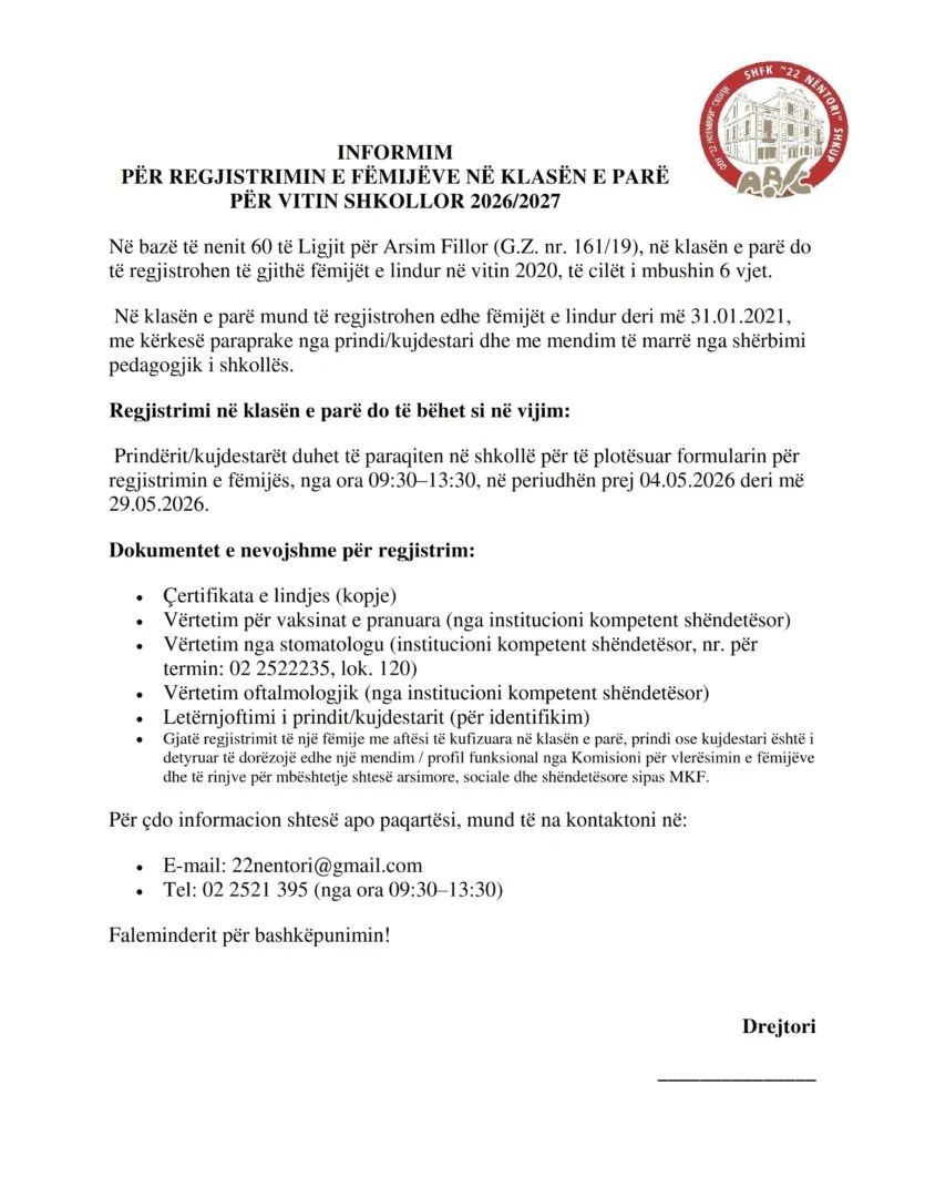 2026 2027 Informim për regjistrimin e fëmijëve në klasë të parë
